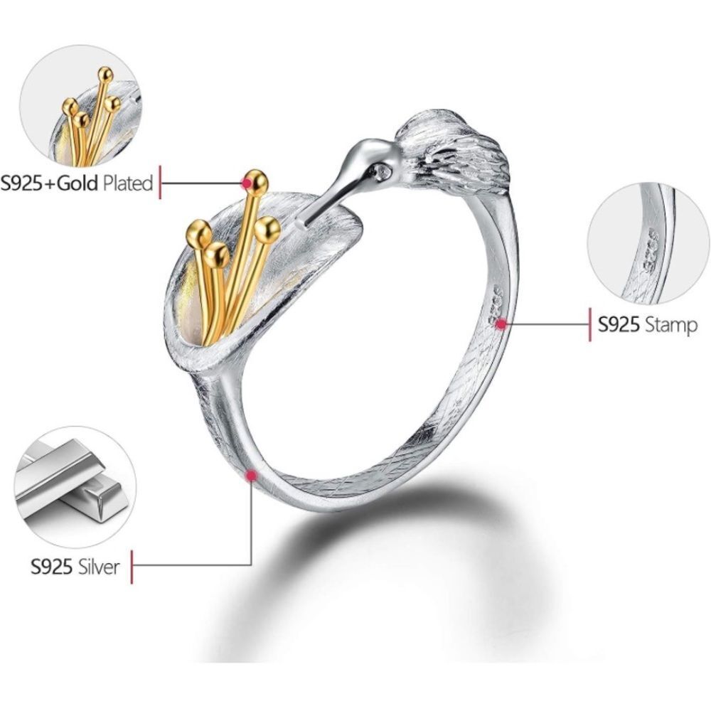 Elegant Silver Ring with Bird and Gold Details - Picture 3 of 5